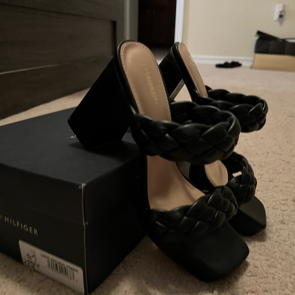 Elegant Black Braided Heels with Block Heel